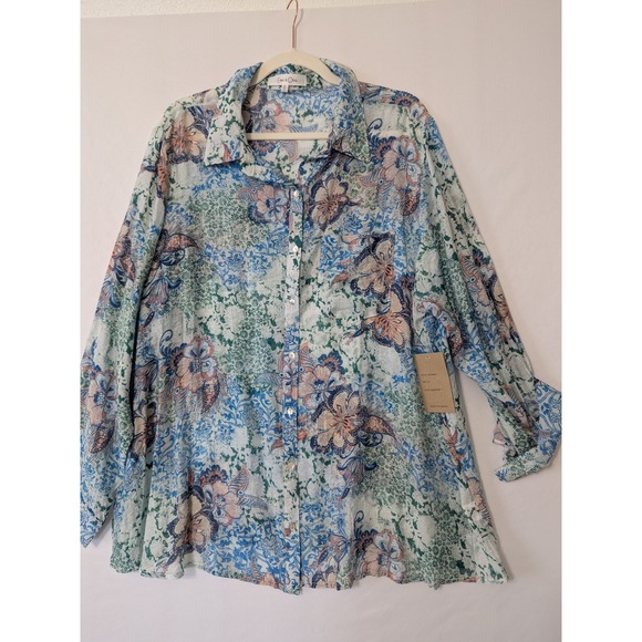 Eden Olivia 3X Floral Sheer Button Down Shirt Long Sleeve Green Pink Lightweight - Picture 1 of 8
